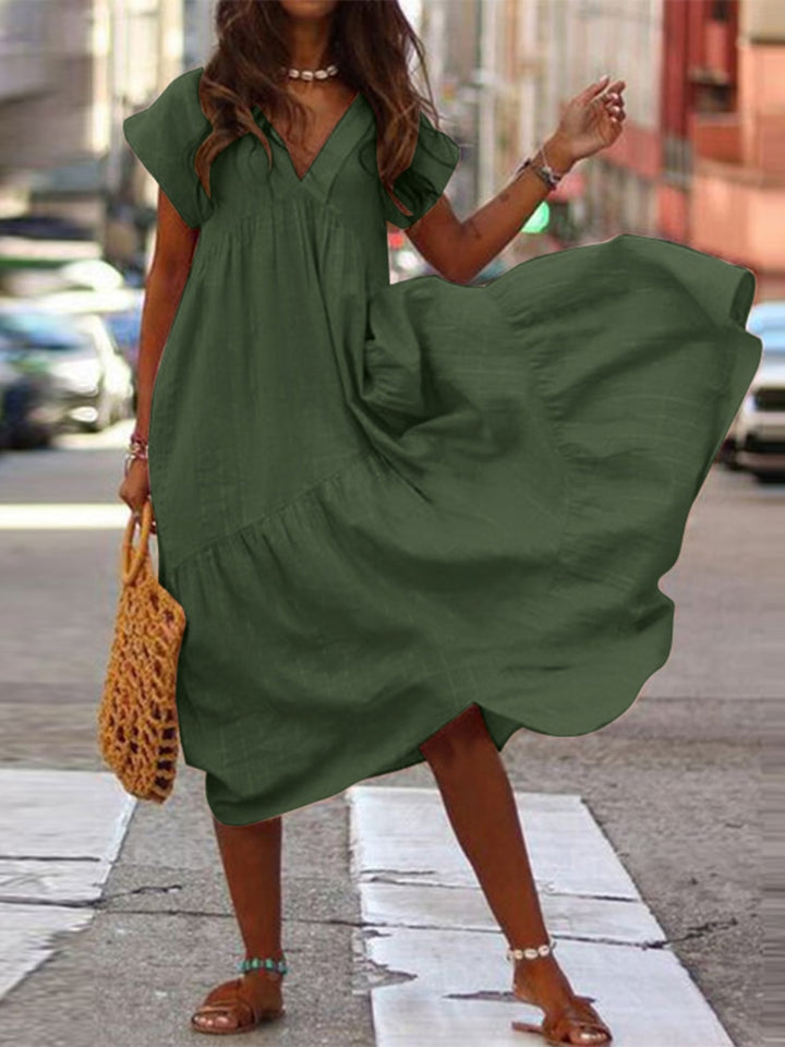 Bohemian Breeze Women's Midi Sundress: Chic V-Neck, Asymmetrical Hem, Ruffle Detail
