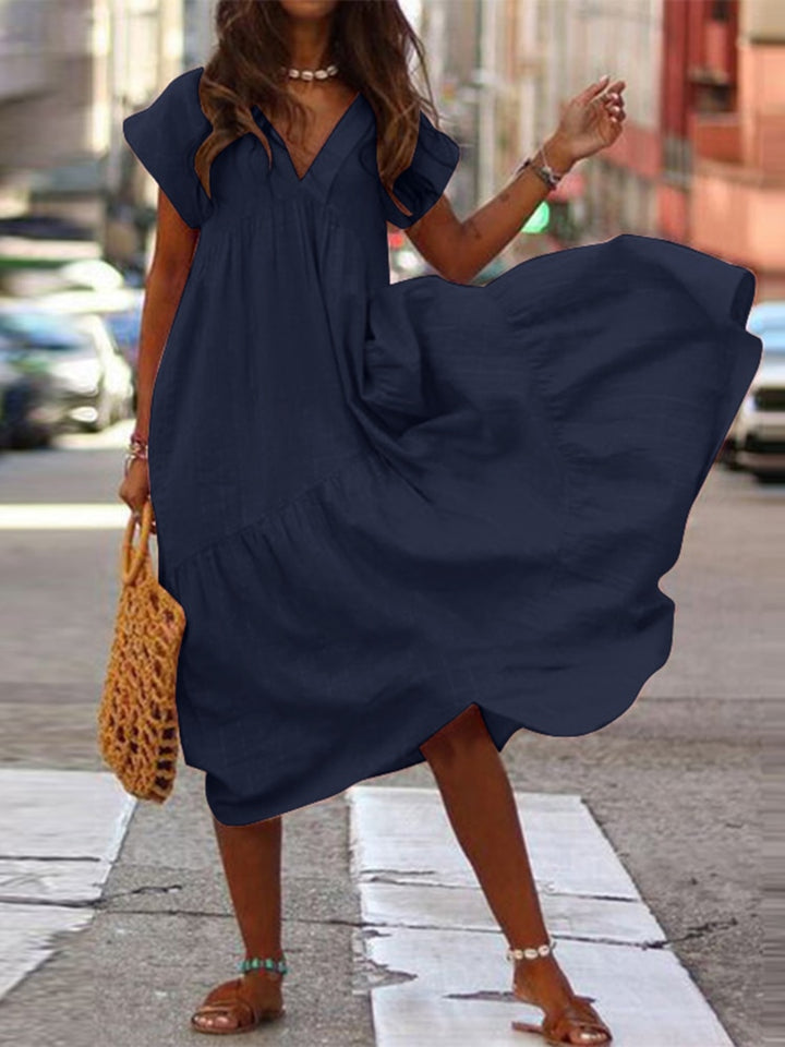 Bohemian Breeze Women's Midi Sundress: Chic V-Neck, Asymmetrical Hem, Ruffle Detail