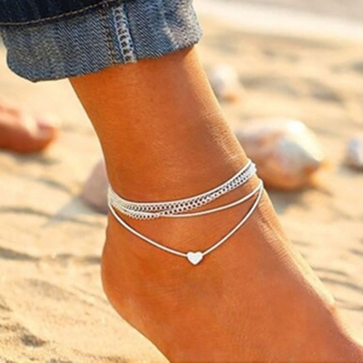 BOHEMIAN SILVER HEART MULTI CHAIN ANKLET ANKLE BRACELET