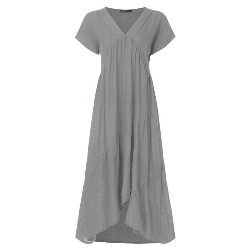 Bohemian Breeze Women's Midi Sundress: Chic V-Neck, Asymmetrical Hem, Ruffle Detail