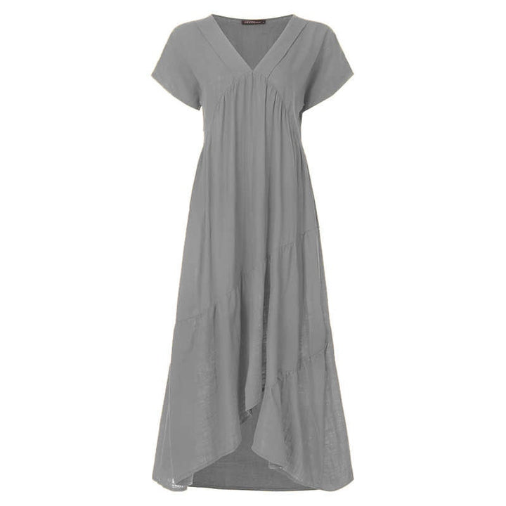 Bohemian Breeze Women's Midi Sundress: Chic V-Neck, Asymmetrical Hem, Ruffle Detail