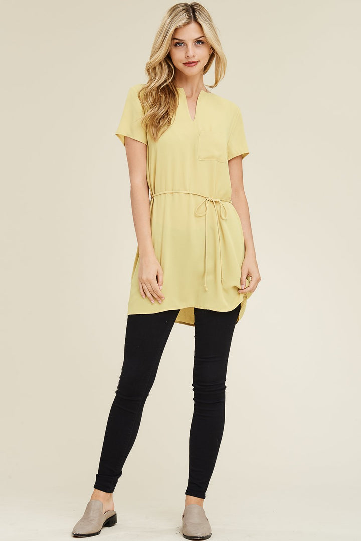 Self Tie Waist Pocket Tunic Blouse