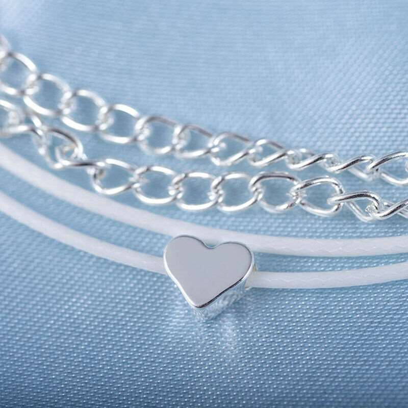 BOHEMIAN SILVER HEART MULTI CHAIN ANKLET ANKLE BRACELET