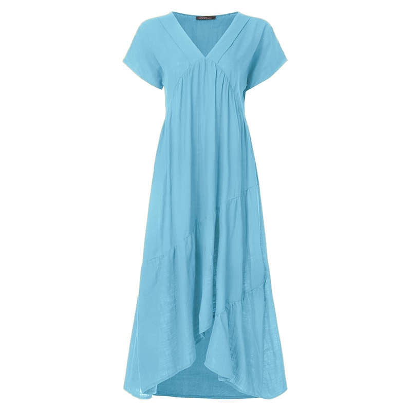 Bohemian Breeze Women's Midi Sundress: Chic V-Neck, Asymmetrical Hem, Ruffle Detail