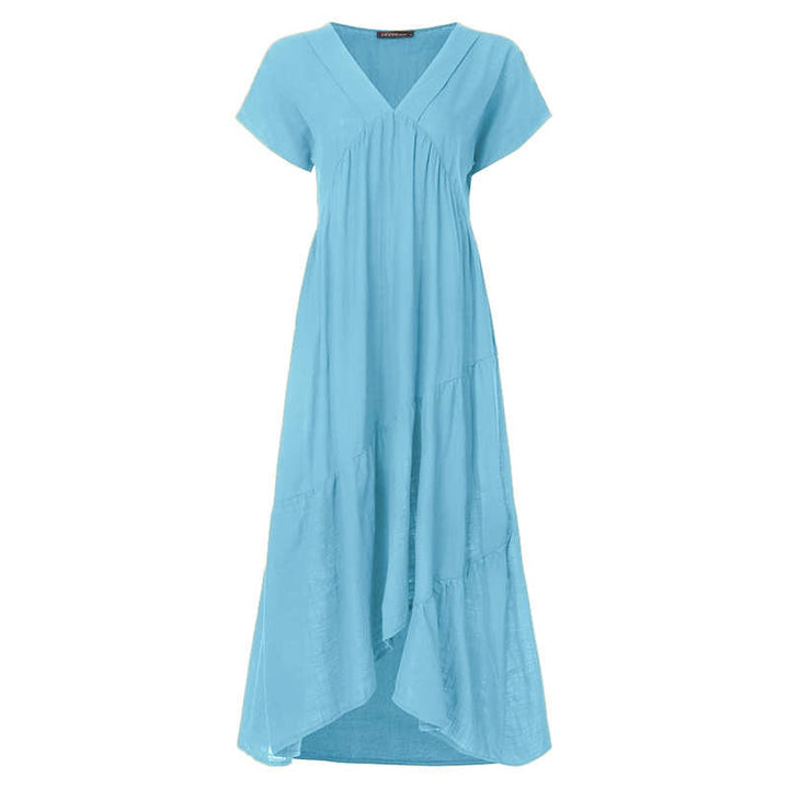 Bohemian Breeze Women's Midi Sundress: Chic V-Neck, Asymmetrical Hem, Ruffle Detail