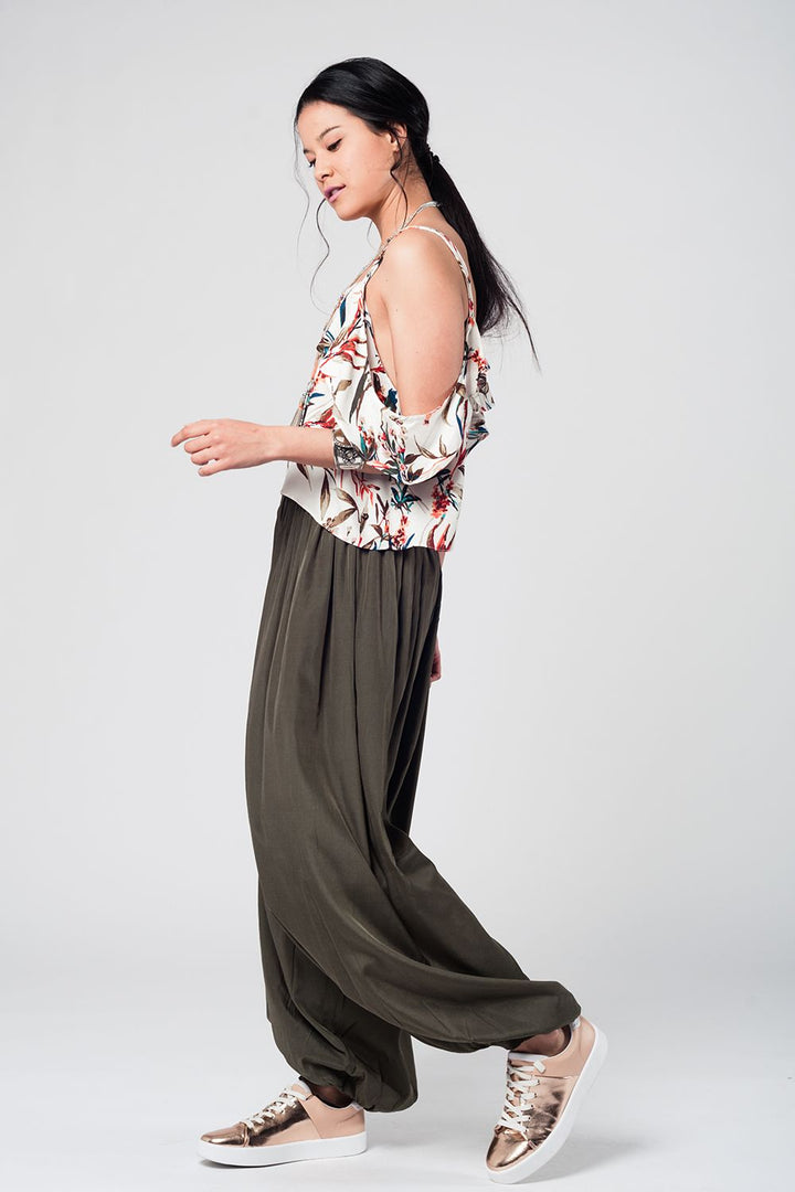 Ecru Cold-Shoulder Leaf Print Top with Bardot Neckline