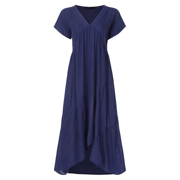 Bohemian Breeze Women's Midi Sundress: Chic V-Neck, Asymmetrical Hem, Ruffle Detail