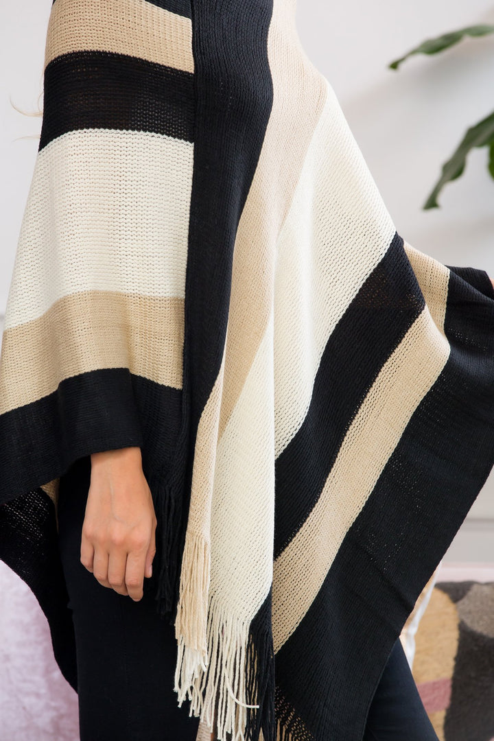 Beige Color Block Fringe Poncho